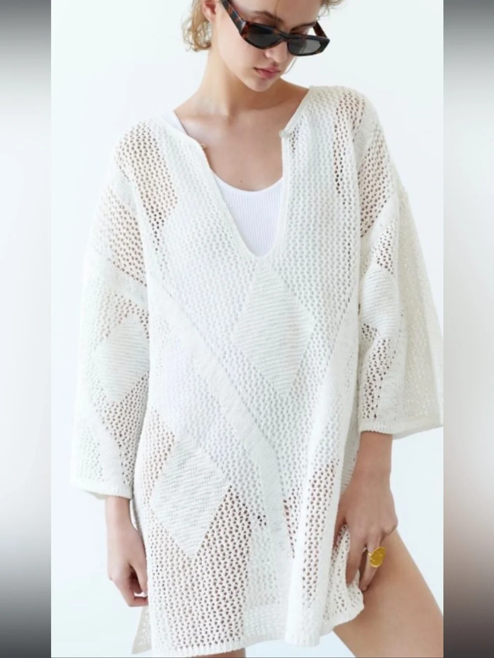 Zara Women's White Open-Knit V-Neck Cover Up